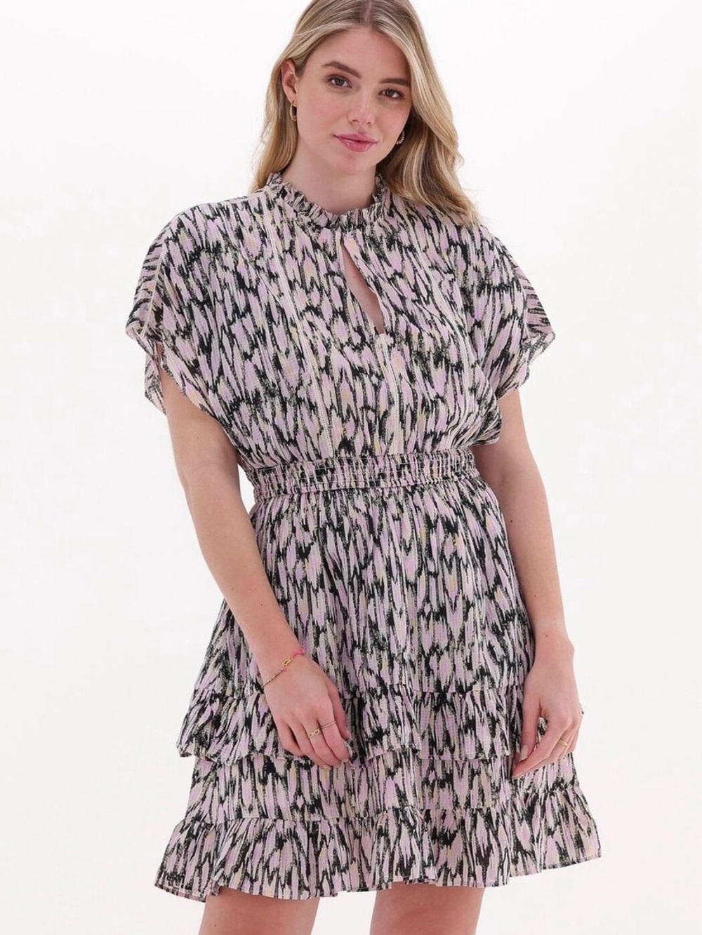 Scotch & Soda Easy Fitted Smocked Mini Dress Pink Black Graphic Size L